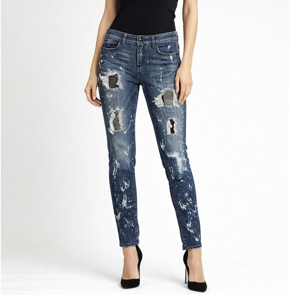 Bebe Destroyed Splatter Patchwork Rhinestone Skinny Jeans Long Size 27